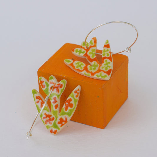 Green And Orange Floral Earrings